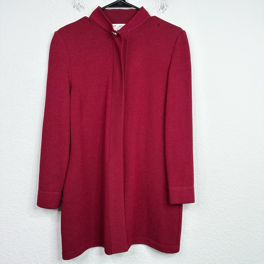 St John‎ Sweater Womens 6 Burgundy Wool Santana Knit Long Sleeve Cardigan Tunic